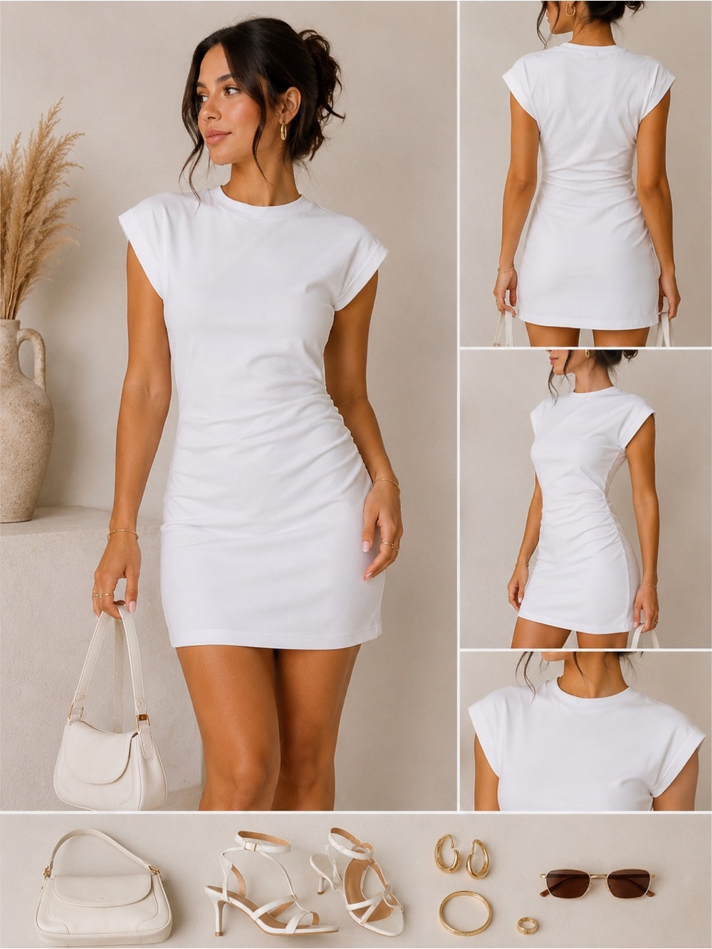 White Cap-Sleeve Ruched Bodycon Dress - Women's